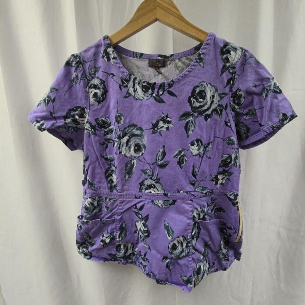 Jaanuu Blouse Womens Small Purple Floral Scoop Neck Scrub Top Pockets Zipper